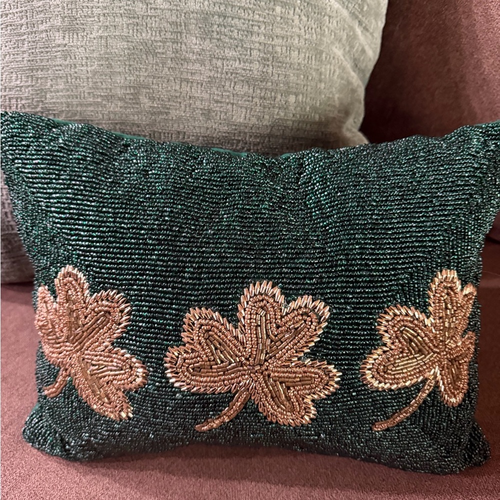 Green and Gold Beaded Decorative Pillow